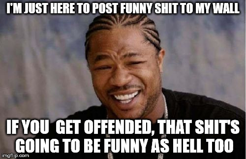 Yo Dawg Heard You | I'M JUST HERE TO POST FUNNY SHIT TO MY WALL IF YOU  GET OFFENDED, THAT SHIT'S GOING TO BE FUNNY AS HELL TOO | image tagged in memes,yo dawg heard you,facebook,funny | made w/ Imgflip meme maker