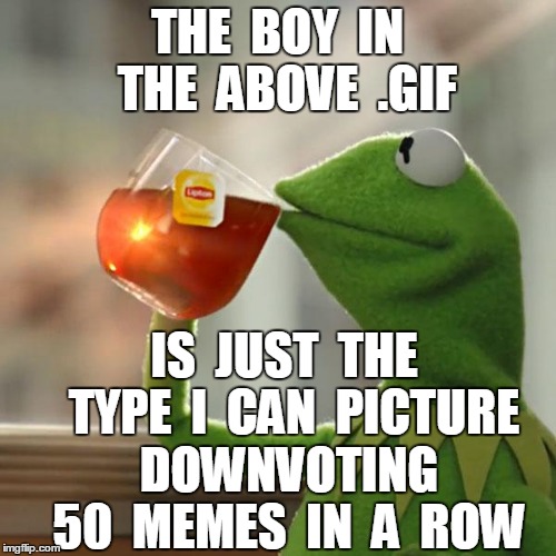 But That's None Of My Business Meme | THE  BOY  IN  THE  ABOVE  .GIF IS  JUST  THE  TYPE  I  CAN  PICTURE  DOWNVOTING  50  MEMES  IN  A  ROW | image tagged in memes,but thats none of my business,kermit the frog | made w/ Imgflip meme maker