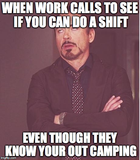 Face You Make Robert Downey Jr | WHEN WORK CALLS TO SEE IF YOU CAN DO A SHIFT EVEN THOUGH THEY KNOW YOUR OUT CAMPING | image tagged in memes,face you make robert downey jr | made w/ Imgflip meme maker