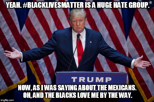 Donald Trump | YEAH. #BLACKLIVESMATTER IS A HUGE HATE GROUP. NOW, AS I WAS SAYING ABOUT THE MEXICANS. OH, AND THE BLACKS LOVE ME BY THE WAY. | image tagged in donald trump | made w/ Imgflip meme maker