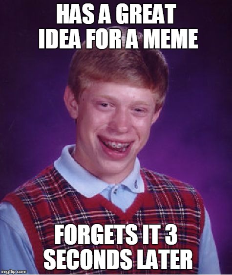 Bad Luck Brian | HAS A GREAT IDEA FOR A MEME FORGETS IT 3 SECONDS LATER | image tagged in memes,bad luck brian | made w/ Imgflip meme maker