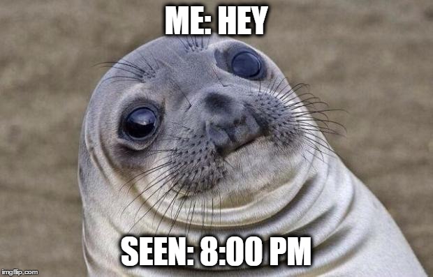 Awkward Moment Sealion | ME: HEY SEEN: 8:00 PM | image tagged in memes,awkward moment sealion | made w/ Imgflip meme maker