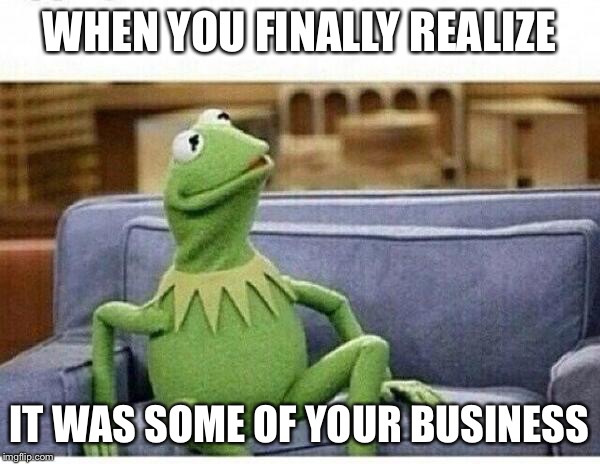 KERMIT | WHEN YOU FINALLY REALIZE IT WAS SOME OF YOUR BUSINESS | image tagged in kermit | made w/ Imgflip meme maker