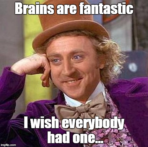 Creepy Condescending Wonka | Brains are fantastic I wish everybody had one... | image tagged in memes,creepy condescending wonka | made w/ Imgflip meme maker