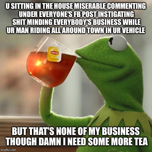 But That's None Of My Business | U SITTING IN THE HOUSE MISERABLE COMMENTING UNDER EVERYONE'S FB POST INSTIGATING SHIT MINDING EVERYBODY'S BUSINESS WHILE UR MAN RIDING ALL A | image tagged in memes,but thats none of my business,kermit the frog | made w/ Imgflip meme maker