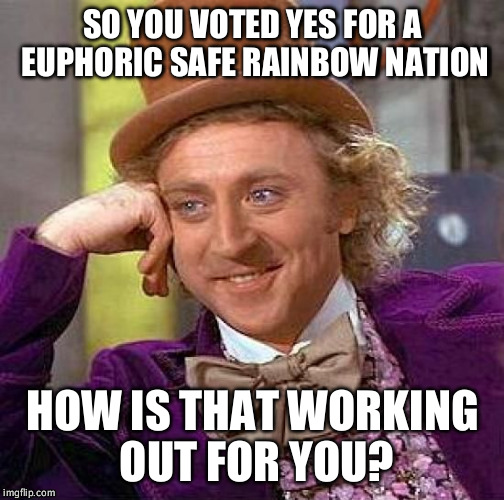 Creepy Condescending Wonka | SO YOU VOTED YES FOR A EUPHORIC SAFE RAINBOW NATION HOW IS THAT WORKING OUT FOR YOU? | image tagged in memes,creepy condescending wonka | made w/ Imgflip meme maker