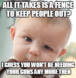 Skeptical Baby Meme | ALL IT TAKES IS A FENCE TO KEEP PEOPLE OUT? I GUESS YOU WON'T BE NEEDING YOUR GUNS ANY MORE THEN | image tagged in memes,skeptical baby | made w/ Imgflip meme maker