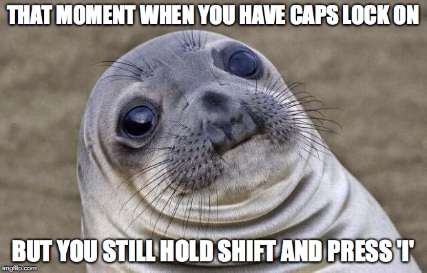 Awkward Moment Sealion | THAT MOMENT WHEN YOU HAVE CAPS LOCK ON BUT YOU STILL HOLD SHIFT AND PRESS 'I' | image tagged in memes,awkward moment sealion | made w/ Imgflip meme maker
