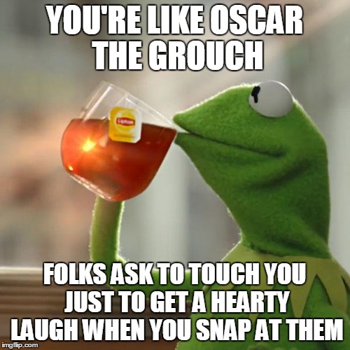 But That's None Of My Business Meme | YOU'RE LIKE OSCAR THE GROUCH FOLKS ASK TO TOUCH YOU JUST TO GET A HEARTY LAUGH WHEN YOU SNAP AT THEM | image tagged in memes,but thats none of my business,kermit the frog | made w/ Imgflip meme maker