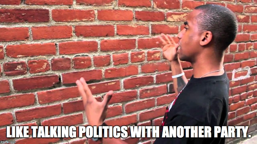 Talking to wall | LIKE TALKING POLITICS WITH ANOTHER PARTY. | image tagged in talking to wall | made w/ Imgflip meme maker