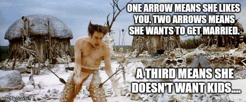 Jim Carrey | ONE ARROW MEANS SHE LIKES YOU. TWO ARROWS MEANS SHE WANTS TO GET MARRIED. A THIRD MEANS SHE DOESN'T WANT KIDS.... | image tagged in jim carrey | made w/ Imgflip meme maker