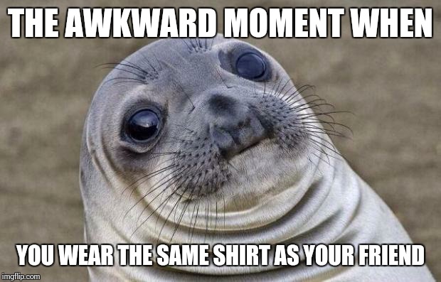 Awkward Moment Sealion Meme | THE AWKWARD MOMENT WHEN YOU WEAR THE SAME SHIRT AS YOUR FRIEND | image tagged in memes,awkward moment sealion,friend,clothing,clothes | made w/ Imgflip meme maker
