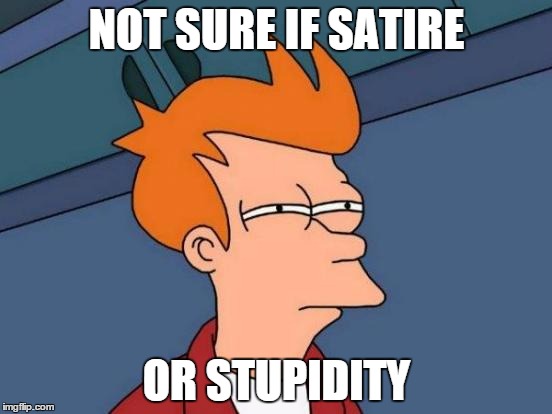 Futurama Fry | NOT SURE IF SATIRE OR STUPIDITY | image tagged in memes,futurama fry | made w/ Imgflip meme maker