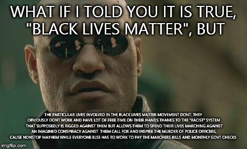 Matrix Morpheus Meme | WHAT IF I TOLD YOU IT IS TRUE, "BLACK LIVES MATTER", BUT THE PARTICULAR LIVES INVOLVED IN THE BLACK LIVES MATTER MOVEMENT DONT. THEY OBVIOUS | image tagged in memes,matrix morpheus | made w/ Imgflip meme maker