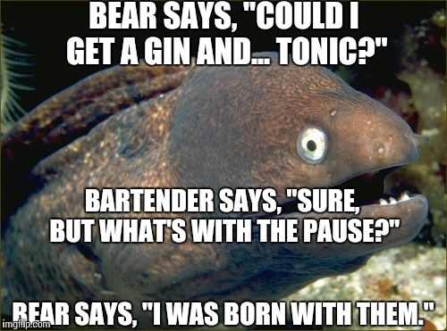 Bad Joke Eel Meme | BEAR SAYS, "COULD I GET A GIN AND... TONIC?" BEAR SAYS, "I WAS BORN WITH THEM." BARTENDER SAYS, "SURE, BUT WHAT'S WITH THE PAUSE?" | image tagged in memes,bad joke eel | made w/ Imgflip meme maker