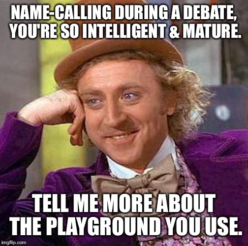 Creepy Condescending Wonka | NAME-CALLING DURING A DEBATE, YOU'RE SO INTELLIGENT & MATURE. TELL ME MORE ABOUT THE PLAYGROUND YOU USE. | image tagged in memes,creepy condescending wonka | made w/ Imgflip meme maker