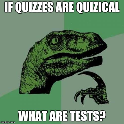 Philosoraptor | IF QUIZZES ARE QUIZICAL WHAT ARE TESTS? | image tagged in memes,philosoraptor | made w/ Imgflip meme maker