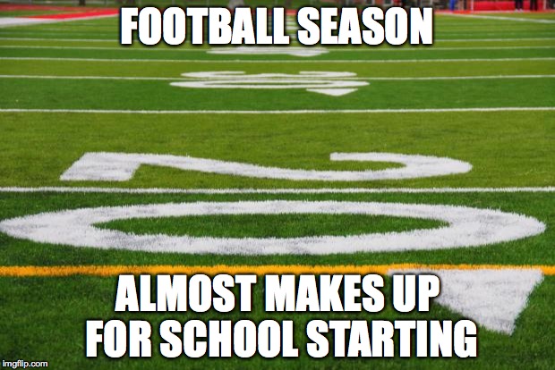 Football Season > School Year | FOOTBALL SEASON ALMOST MAKES UP FOR SCHOOL STARTING | image tagged in football field,school | made w/ Imgflip meme maker