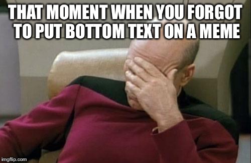 Oh wait... | THAT MOMENT WHEN YOU FORGOT TO PUT BOTTOM TEXT ON A MEME | image tagged in memes,captain picard facepalm | made w/ Imgflip meme maker