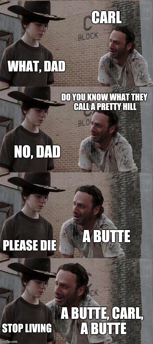 Rick and Carl Long | CARL WHAT, DAD DO YOU KNOW WHAT THEY CALL A PRETTY HILL NO, DAD A BUTTE PLEASE DIE A BUTTE, CARL, A BUTTE STOP LIVING | image tagged in memes,rick and carl long | made w/ Imgflip meme maker