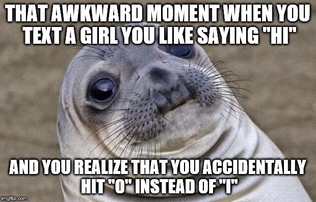 Awkward Moment Sealion Meme | THAT AWKWARD MOMENT WHEN YOU TEXT A GIRL YOU LIKE SAYING "HI" AND YOU REALIZE THAT YOU ACCIDENTALLY HIT "O" INSTEAD OF "I" | image tagged in memes,awkward moment sealion | made w/ Imgflip meme maker