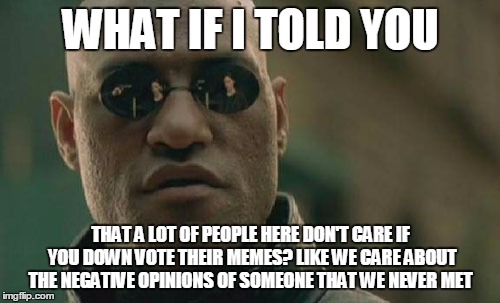 Matrix Morpheus | WHAT IF I TOLD YOU THAT A LOT OF PEOPLE HERE DON'T CARE IF YOU DOWN VOTE THEIR MEMES? LIKE WE CARE ABOUT THE NEGATIVE OPINIONS OF SOMEONE TH | image tagged in memes,matrix morpheus | made w/ Imgflip meme maker