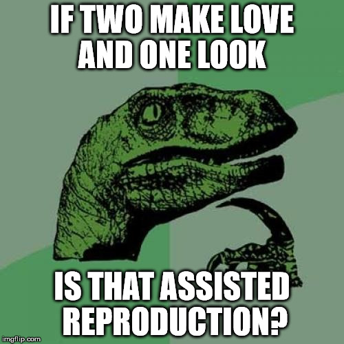 Philosoraptor Meme | IF TWO MAKE LOVE AND ONE LOOK IS THAT ASSISTED REPRODUCTION? | image tagged in memes,philosoraptor | made w/ Imgflip meme maker