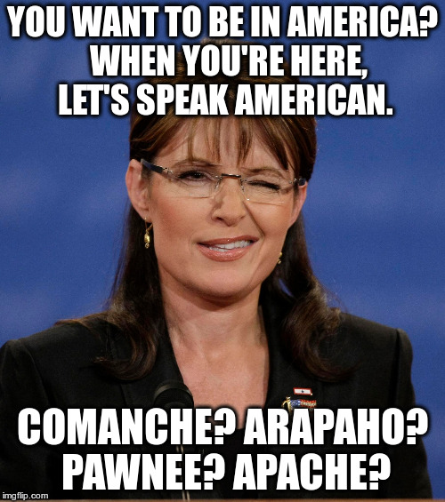 High calibre candidate | YOU WANT TO BE IN AMERICA?  WHEN YOU'RE HERE, LET'S SPEAK AMERICAN. COMANCHE? ARAPAHO? PAWNEE? APACHE? | image tagged in meme,sarah palin,disaster girl | made w/ Imgflip meme maker