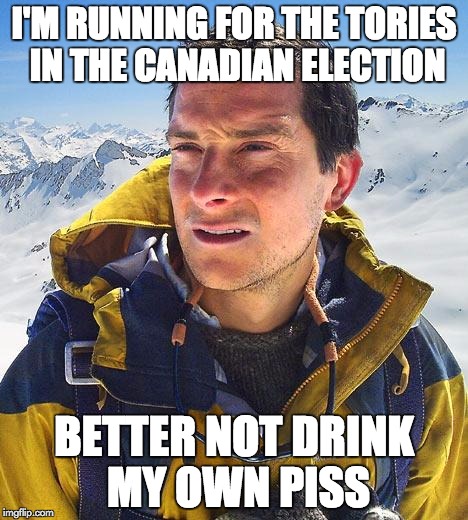Bear Grylls | I'M RUNNING FOR THE TORIES IN THE CANADIAN ELECTION BETTER NOT DRINK MY OWN PISS | image tagged in memes,bear grylls | made w/ Imgflip meme maker