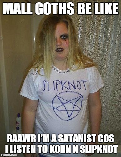 MALL GOTHS BE LIKE RAAWR I'M A SATANIST COS I LISTEN TO KORN N SLIPKNOT | image tagged in mall goth girl | made w/ Imgflip meme maker