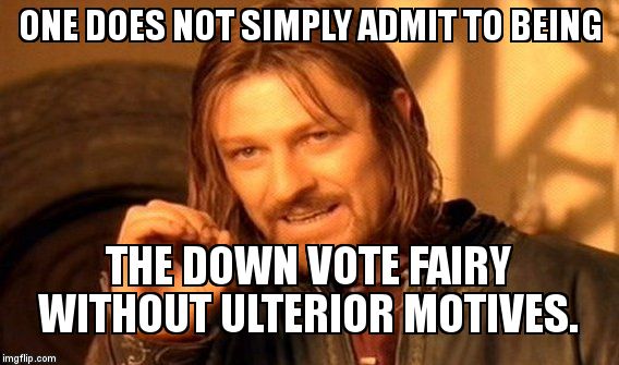 One Does Not Simply Meme | ONE DOES NOT SIMPLY ADMIT TO BEING THE DOWN VOTE FAIRY WITHOUT ULTERIOR MOTIVES. | image tagged in memes,one does not simply | made w/ Imgflip meme maker
