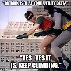Batman & Robin | "BATMAN, IS THAT YOUR UTILITY BELT?" "YES...YES IT IS. KEEP CLIMBING." | image tagged in batman,robin,duo | made w/ Imgflip meme maker