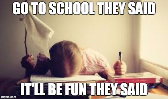 Lying Adults | GO TO SCHOOL THEY SAID IT'LL BE FUN THEY SAID | image tagged in school,kids | made w/ Imgflip meme maker