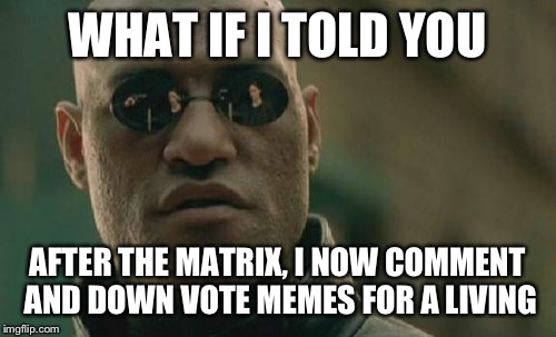 Fallen on hard times / Searching for a job | WHAT IF I TOLD YOU AFTER THE MATRIX, I NOW COMMENT AND DOWN VOTE MEMES FOR A LIVING | image tagged in memes,matrix morpheus,owned,what if i told you,troll,downvote | made w/ Imgflip meme maker