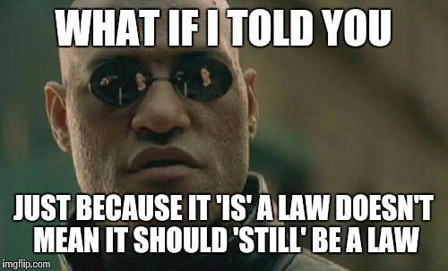 Matrix Morpheus | WHAT IF I TOLD YOU JUST BECAUSE IT 'IS' A LAW DOESN'T MEAN IT SHOULD 'STILL' BE A LAW | image tagged in memes,matrix morpheus | made w/ Imgflip meme maker