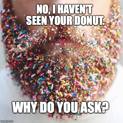 Me? Donut? | NO, I HAVEN'T SEEN YOUR DONUT. WHY DO YOU ASK? | image tagged in beard,sprinkles,no i haven't seen your donut why do you ask | made w/ Imgflip meme maker
