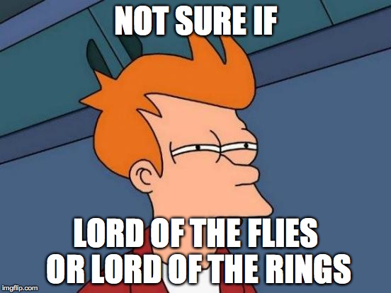 Futurama Fry | NOT SURE IF LORD OF THE FLIES OR LORD OF THE RINGS | image tagged in memes,futurama fry | made w/ Imgflip meme maker