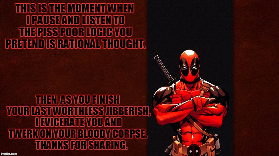 Deadpool1 | THIS IS THE MOMENT WHEN I PAUSE AND LISTEN TO THE PISS POOR LOGIC YOU PRETEND IS RATIONAL THOUGHT. THEN, AS YOU FINISH YOUR LAST WORTHLESS J | image tagged in deadpool1 | made w/ Imgflip meme maker