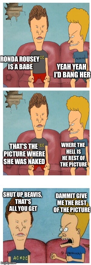 Beavis and Butthead | RONDA ROUSEY IS A BABE YEAH YEAH I'D BANG HER THAT'S THE PICTURE WHERE SHE WAS NAKED WHERE THE HELL IS HE REST OF THE PICTURE SHUT UP BEAVIS | image tagged in beavis and butthead | made w/ Imgflip meme maker