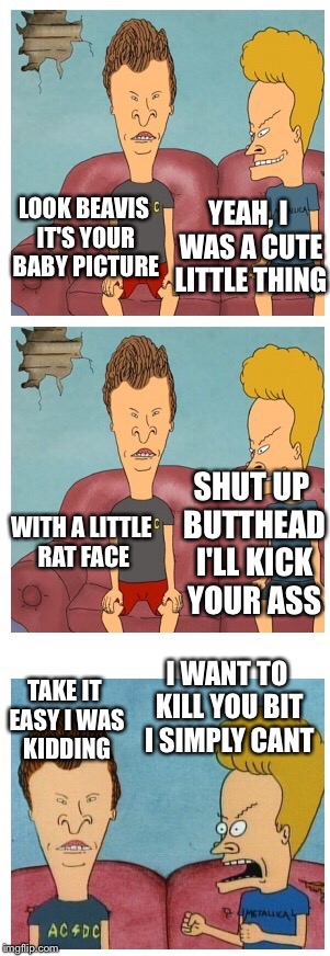 Beavis and Butthead | LOOK BEAVIS IT'S YOUR BABY PICTURE YEAH, I WAS A CUTE LITTLE THING WITH A LITTLE RAT FACE SHUT UP BUTTHEAD I'LL KICK YOUR ASS TAKE IT EASY I | image tagged in beavis and butthead | made w/ Imgflip meme maker