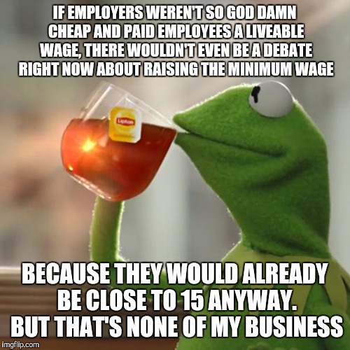 But That's None Of My Business Meme | IF EMPLOYERS WEREN'T SO GO***AMN CHEAP AND PAID EMPLOYEES A LIVEABLE WAGE, THERE WOULDN'T EVEN BE A DEBATE RIGHT NOW ABOUT RAISING THE MINIM | image tagged in memes,but thats none of my business,kermit the frog | made w/ Imgflip meme maker