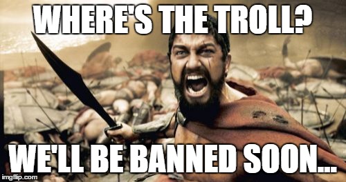 Sparta Leonidas Meme | WHERE'S THE TROLL? WE'LL BE BANNED SOON... | image tagged in memes,sparta leonidas | made w/ Imgflip meme maker