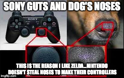 Sony playstation | SONY GUTS AND DOG'S NOSES THIS IS THE REASON I LIKE ZELDA...NINTENDO DOESN'T STEAL NOSES TO MAKE THEIR CONTROLLERS | image tagged in sony,bad pun dog,dog,nintendo,zelda,legend of zelda | made w/ Imgflip meme maker