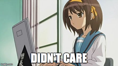Haruhi Annoyed | DIDN'T CARE | image tagged in haruhi annoyed | made w/ Imgflip meme maker