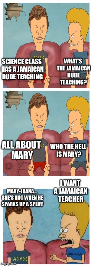 Science class for Butthead | SCIENCE CLASS HAS A JAMAICAN DUDE TEACHING WHAT'S THE JAMAICAN DUDE TEACHING? ALL ABOUT MARY WHO THE HELL IS MARY? MARY-JUANA... SHE'S HOT W | image tagged in beavis and butthead,memes | made w/ Imgflip meme maker