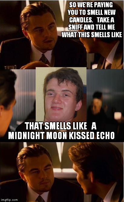 this has GOT to be how they come up with names for scented candles | SO WE'RE PAYING YOU TO SMELL NEW CANDLES.   TAKE A SNIFF AND TELL ME WHAT THIS SMELLS LIKE THAT SMELLS LIKE   A MIDNIGHT MOON KISSED ECHO | image tagged in inception 10 guy,funny,inception,10 guy,meme | made w/ Imgflip meme maker