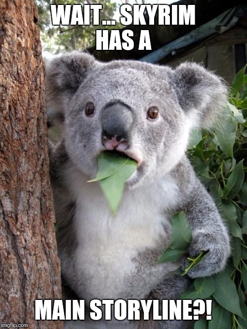 Surprised Koala | WAIT... SKYRIM HAS A MAIN STORYLINE?! | image tagged in memes,surprised koala | made w/ Imgflip meme maker