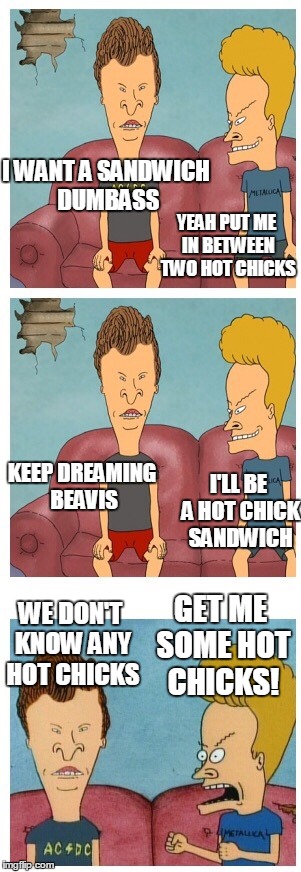Beavis's babe sandwich | I WANT A SANDWICH DUMBASS YEAH PUT ME IN BETWEEN TWO HOT CHICKS KEEP DREAMING BEAVIS I'LL BE A HOT CHICK SANDWICH WE DON'T KNOW ANY HOT CHIC | image tagged in beavis and butthead,memes | made w/ Imgflip meme maker