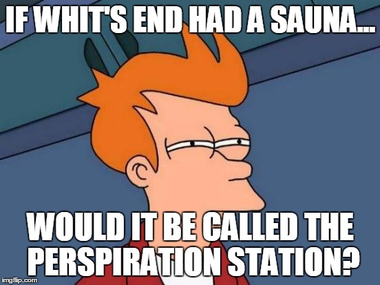 Futurama Fry | IF WHIT'S END HAD A SAUNA... WOULD IT BE CALLED THE PERSPIRATION STATION? | image tagged in memes,futurama fry,adventuresinodyssey,aio,theinspirationstation | made w/ Imgflip meme maker