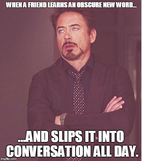 Face You Make Robert Downey Jr Meme | WHEN A FRIEND LEARNS AN OBSCURE NEW WORD... ...AND SLIPS IT INTO CONVERSATION ALL DAY. | image tagged in memes,face you make robert downey jr | made w/ Imgflip meme maker